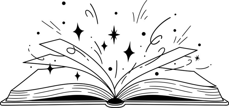Open Book with Magic Sparkles and Swirls - Imagination and Creativity Concept