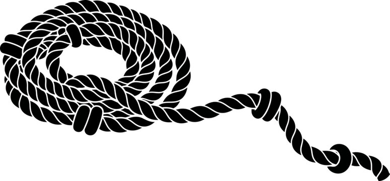 Black coiled rope silhouette with knot, isolated on white background