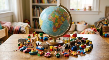 Fototapeta premium Globe surrounded by wooden toys on a table in a playroom. International Childrens Day concept. Diverse educational objects for childhood learning, discovery, global unity and play.