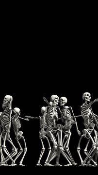 Seamless vertical video of a skeleton with a sensual dance isolated with alpha channel. Funny halloween background..