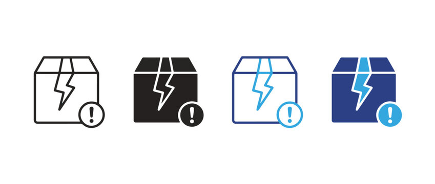 Defect icon set. broken box with alert symbol. product damage and quality issue concept. vector illustration. new
