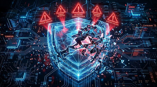Shattered glowing digital shield on circuit board background with red critical breach and malware attack warnings indicating cyber security failure
