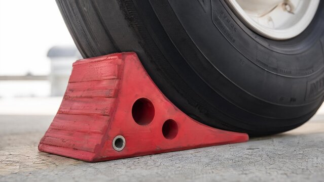 chock. Red rubber wheel chock wedged in front of airplane tire, macro detail. mobility guides, transit brochures, designed for transport & logistics marketing, used by health educators.