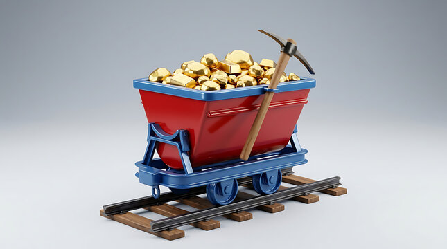 Mining cart filled with golden nuggets and a pickaxe on railroad tracks, symbolizing wealth and prosperity