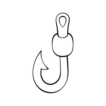 Simple black and white line art vector illustration of a single classic fishing hook isolated on Transparent  background
