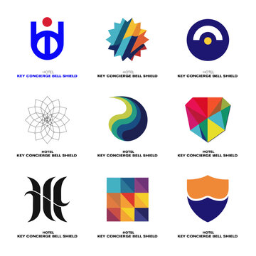 Collection of nine modern abstract logo designs for hotel concierge and hospitality services featuring colorful geometric shapes and symbols.