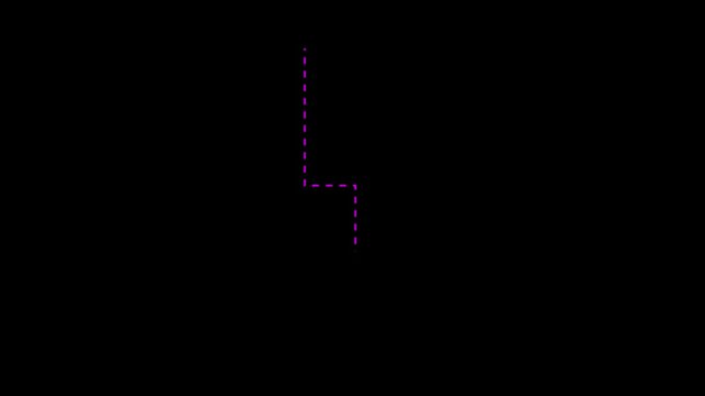 Down arrow direction icon with dotted line animation. on Black background . dot arrows icon sign animated with alpha channel. white straight arrows animation. Reveal animation 4K video.