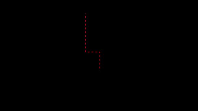 Down arrow direction icon with dotted line animation. on Black background . dot arrows icon sign animated with alpha channel. white straight arrows animation. Reveal animation 4K video.