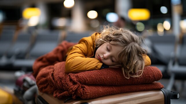 Child sleeping on suitcase in airport terminal