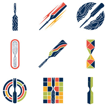 Collection of stylized wood chisel icons and carpentry tool logos in various artistic graphic styles.