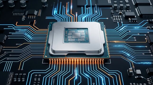 Futuristic macro view of central processing unit microchip on motherboard with glowing blue circuit traces