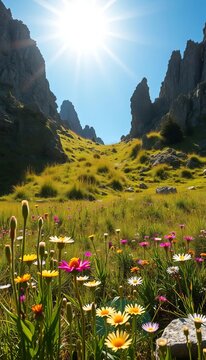 Sunlit Wildflower Meadow Between Rocky Mountain Cliffs
