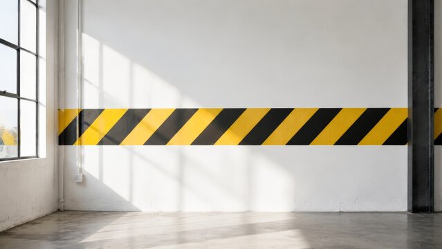 A high-quality interior view of a white wall with yellow and black diagonal warning stripes, typically used for safety demarcation