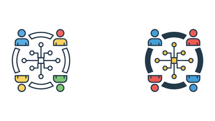 Naklejka premium Network collaboration vector icon featuring diverse team members connected by digital infrastructure for enterprise communication