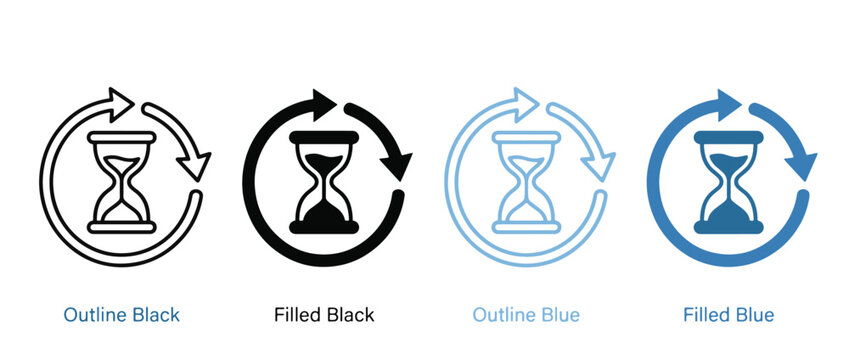 Back in time icon set. Hourglass timer icon, Time rewind and history concept. Vector illustration. new