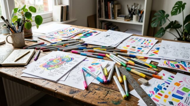 Illustrators wooden desk with colorful markers and sketches. Artistic creative workspace for International Childrens Day celebration. Concept of education, hobby and childhood creativity.