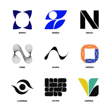 Collection of nine modern abstract logo designs for corporate branding and identity projects.