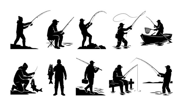 Black silhouette set of various fishing activities featuring anglers casting rods from boats and shore for outdoor sport and leisure design
