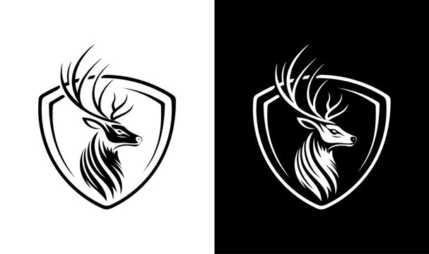 Deer head shield logos, black and white, vector icons, emblems, crests