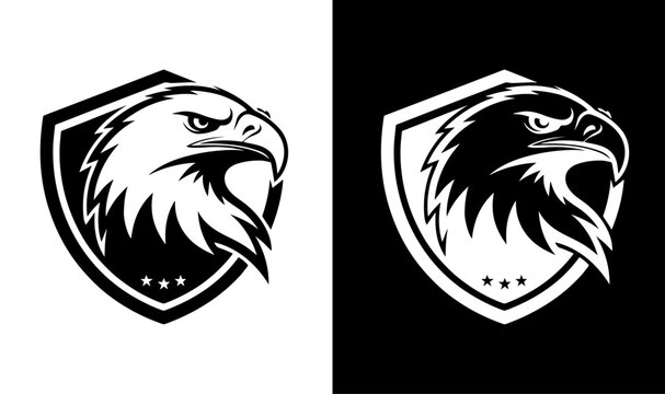 Eagle head logos, shield emblems, black and white icons, 2 emblem set