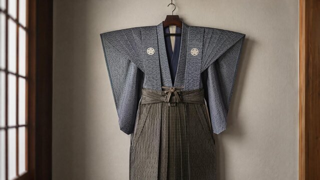 kamishimo. A formal Japanese kamishimo garment hanging on a hanger. event programs, museum guides, designed for cultural heritage projects and event programs.