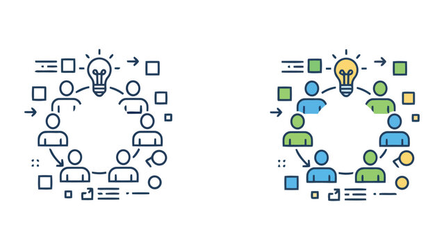 Collaborative team project management workflow with lightbulb innovation icon and organizational process steps as a modern vector graphic