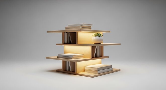 Modern Illuminated Wooden Bookshelf with Floating Shelves, Minimalist Book Storage Display, Contemporary Interior Furniture Design with Warm Ambient Lighting