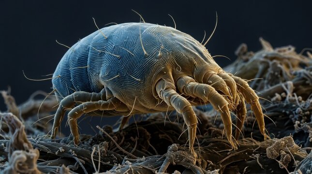 A highly detailed scanning electron microscope image showing the textured surface and legs of a house dust mite, a common cause of allergies and asthma.