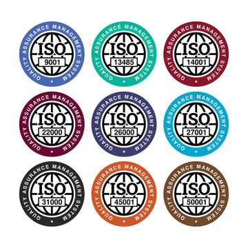ISO Certification Badge Set, Colored Quality Management System Emblems