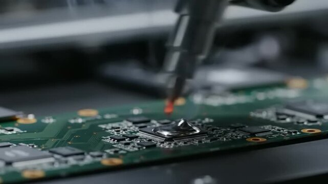 A precise robotic arm solders a microchip onto a green circuit board with glowing molten solder. Smoke rises from the delicate electronic component assembly process in a high tech lab.