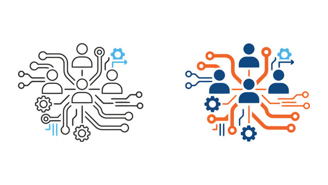 Technical team integration and workflow automation icon showing people connected by digital circuitry for software development and IT infrastructure concepts in a professional vector illustration