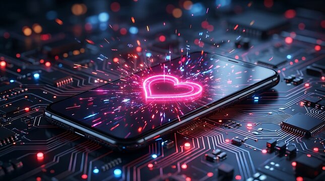 Digital romance concept with a glowing pink neon heart exploding with light particles from a smartphone on a tech motherboard