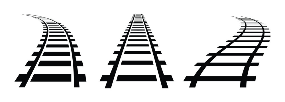 Railway Tracks in Perspective: Three distinct views of train tracks, illustrating straight, curved, and winding paths.