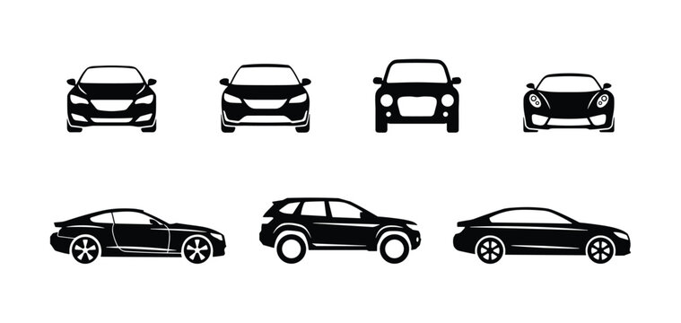Car Silhouettes: A collection of diverse car icons, showcasing different automotive designs from front and side profiles. Vehicle design, auto variety, transportation collection.