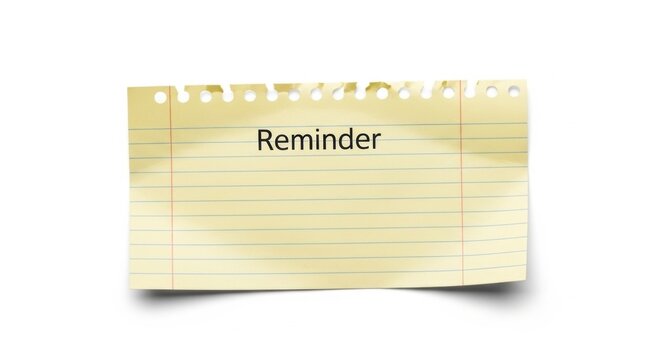 A single yellow lined notebook paper slip with the word Reminder isolated on a clean white background
