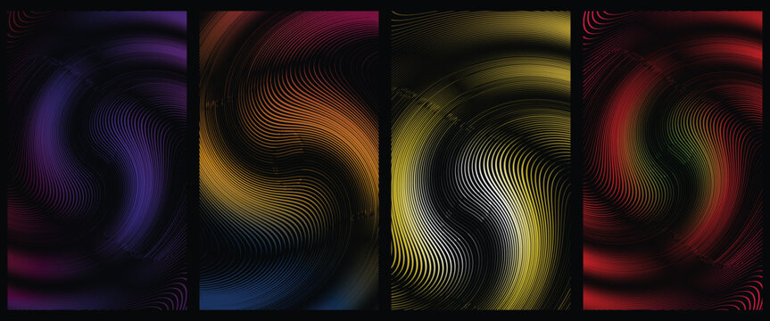 Abstract liquid swirl background set, colorful fluid wave motion on black, 4 vector vertical poster templates with dynamic spiral light effects