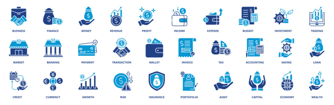 Business and Finance icon set collection in solid glyph dual color style. pack contain business, finance, money, revenue, profit, income, expense, budget, investment, trading, mark