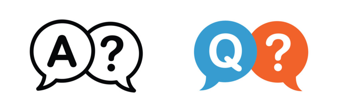 Question and Answer icons, Q&A chat support symbols, website help buttons, app interface elements, transparent PNG vector illustration set.
