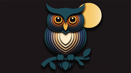 Obraz premium Colorful layered paper cut owl illustration on branch with full moon, modern night forest wildlife art on dark background