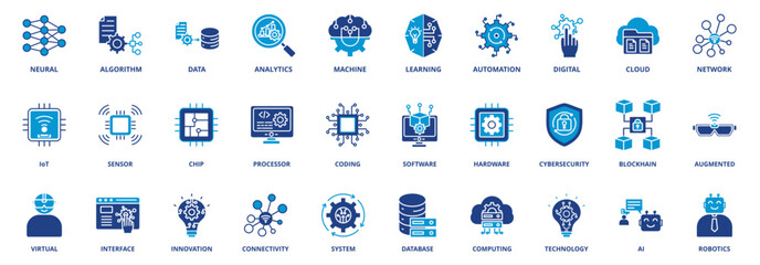 Industry Technology icon set collection in solid glyph dual color style. pack contain neural, algorithm, data, analytics, machine, learning, automation, digital, cloud, network, iot, sens © Novary