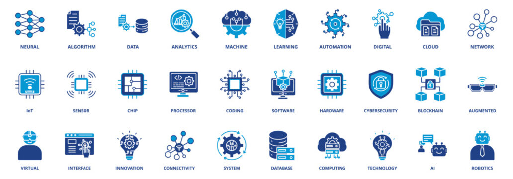 Industry Technology icon set collection in solid glyph dual color style. pack contain neural, algorithm, data, analytics, machine, learning, automation, digital, cloud, network, iot, sens