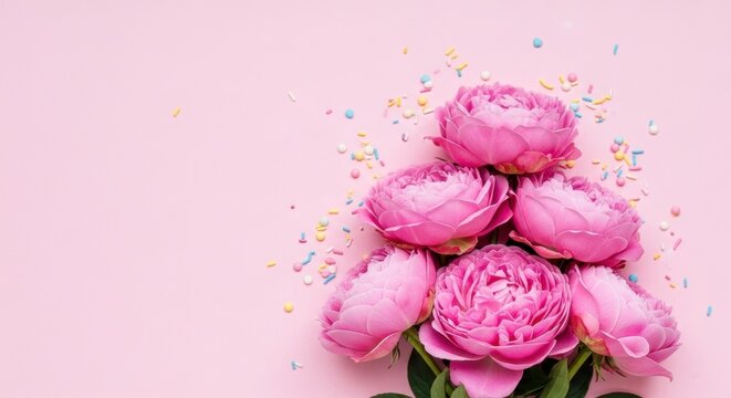 Top view of pink peony rose flowers arranged with colorful candy sprinkles on a soft pink background