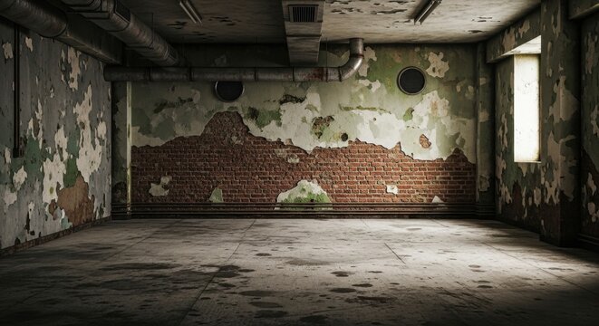 Empty Grunge Interior Room with Distressed Peeling Paint on Exposed Red Brick Walls and Concrete Floor