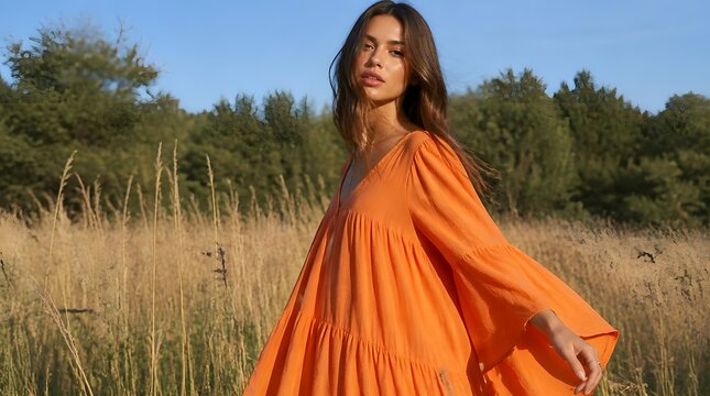 Young Woman Fashion Portrait Orange Dress Summer Field Nature