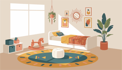 Bohemian style child's bedroom with sunlight streaming through window and plants © AKTER STOCK