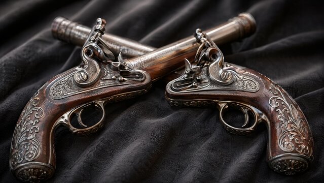 flintlock. Two antique flintlock pistols crossed with intricate metal inlay. safety posters, maintenance manuals, designed for industrial assembly lines and welding operations, used by engineers.