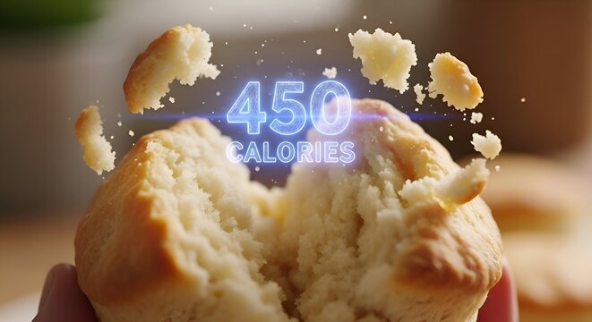 Delicious muffin broken open showing 450 calories floating around it, perfect for diet, nutrition, health and recipe design projects needing food elements
