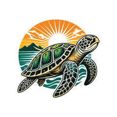 Fototapeta premium Colorful sea turtle swimming at sunset beach with ocean waves vector illustration