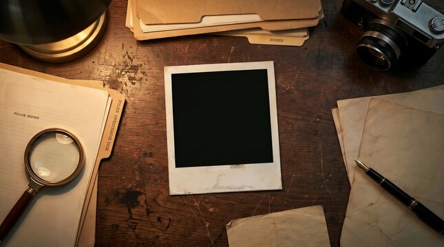 Vintage Detective Investigation Desk with Blank Instant Photo, Magnifying Glass and Case Files