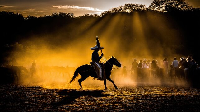 charro. Silhouette of a rider at the edge of a dusty arena during sunset, casting long shadows. inspiring travel planning, event programs, designed for cultural heritage projects and event programs.